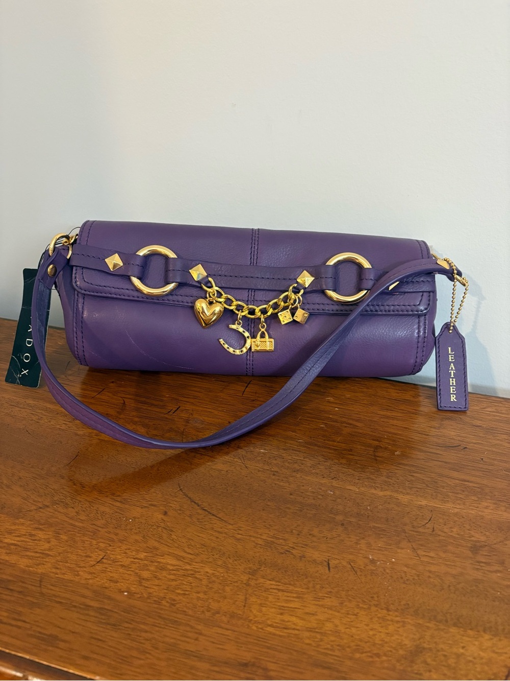 Paradox Genuine Leather Purple Wristlet/Clutch Bag | Gold Charm Accent | Y2K